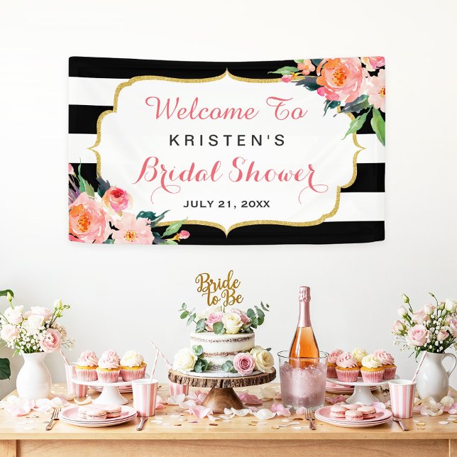 Modern Floral Black White Stripes Bridal Shower Banner (Creator Uploaded)