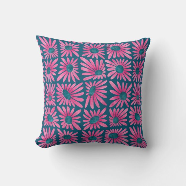 Modern floral block print pink daisy cushion (Front)