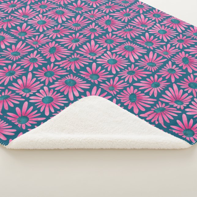 Modern floral block print pink daisy sherpa blanket (3/4)