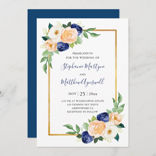 Modern Floral Blue Coral Wedding Invitation (Front/Back)
