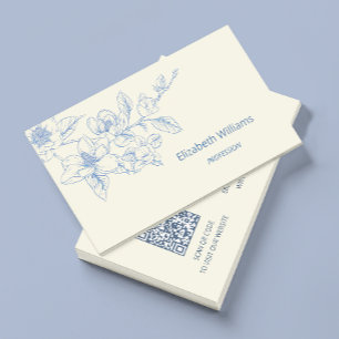 Modern Floral Blue Cream Magnolia QR Code Business Card