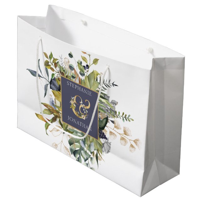Modern Floral |Blue & Green w Ampersand Wedding Large Gift Bag (Front Angled)