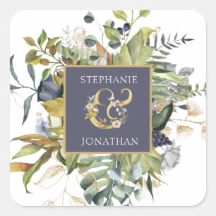 Modern Floral Blue & Green w Ampersand Wedding Square Sticker