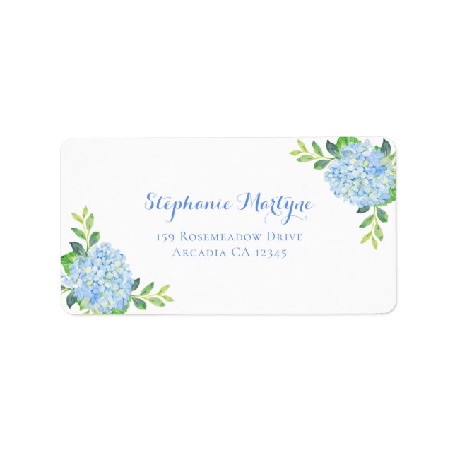 Modern Floral Blue Hydrangea Watercolor Address Label (Front)