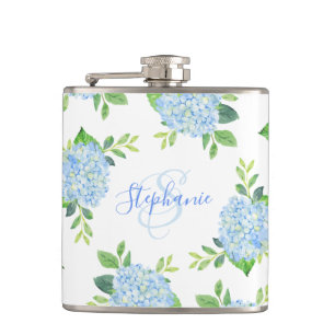 Modern Floral Blue Hydrangea Watercolor Monogram Hip Flask