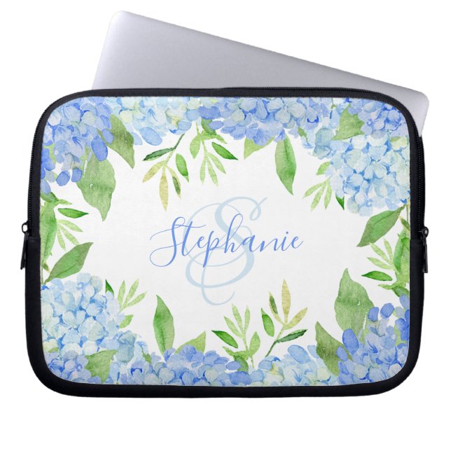 Modern Floral Blue Hydrangea Watercolor Monogram Laptop Sleeve (Front)