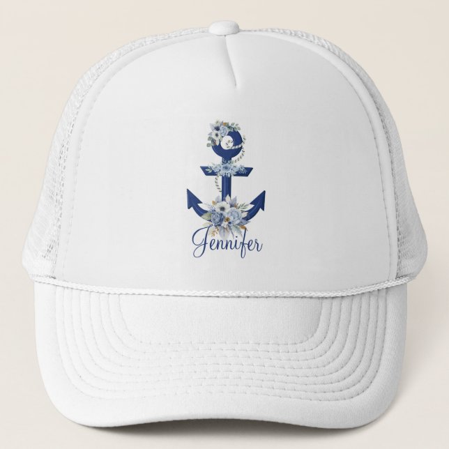 modern floral blue nautical stripes name chic trucker hat (Front)