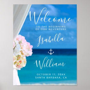 Modern Floral Blue Ocean Beach Wedding Poster