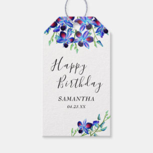 Modern Floral Blue Orchids Happy Birthday Name Gift Tags