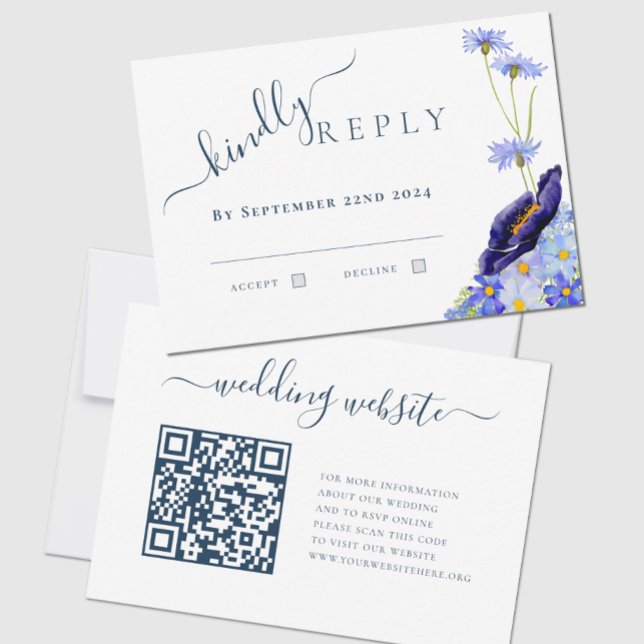 Modern Floral Blue QR Code Wedding Reply RSVP Card (Creator Uploaded)