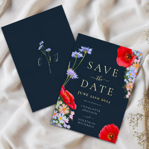 Modern Floral Blue Red Wedding Save The Date Gold