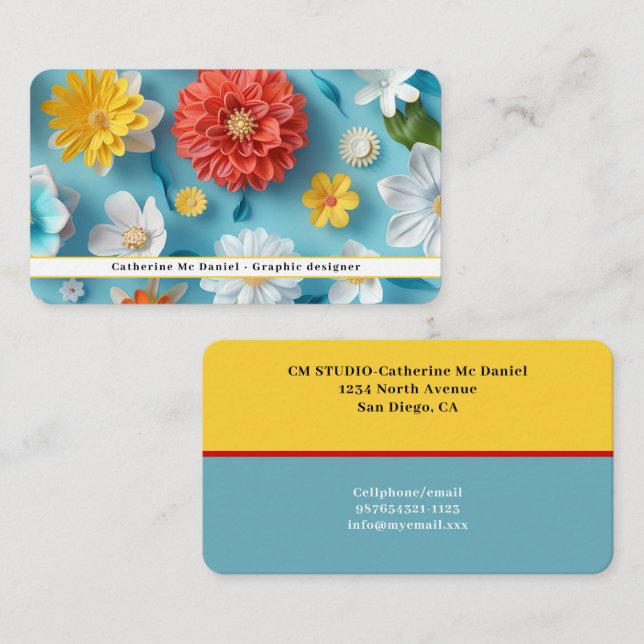 Modern Floral Blue Red White Business Card (Front/Back)