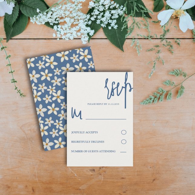 Modern Floral Blue & Yellow Wedding RSVP Card (Creator Uploaded)
