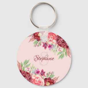 Modern Floral Blush Pink Burgundy Rose Monogram Key Ring