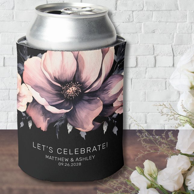 Modern Floral Blush Pink Elegant Wedding Can Cooler (Modern Floral Black Blush Pink Wedding Favors Can Cooler)