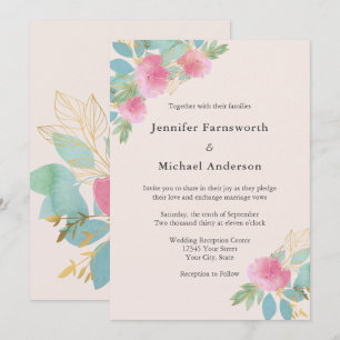 Modern Floral Blush Pink Gold Green Blue Wedding Invitation