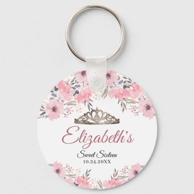Modern Floral Blush Pink Rose Gold Sweet Sixteen Key Ring (Front)