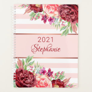 Modern Floral Blush Pink Stripe Personalised Planner