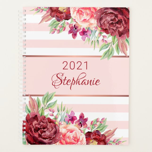 Modern Floral Blush Pink Stripe Personalised Planner (Front)