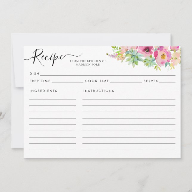 Modern Floral Blush Pink Succulent Recipe Card (Front)