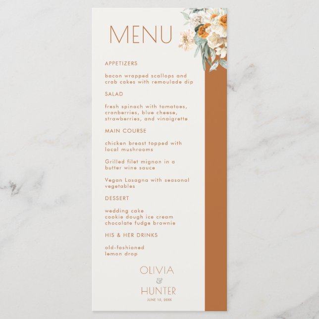 Modern Floral Bohemian Terracotta Wedding Menu (Front)