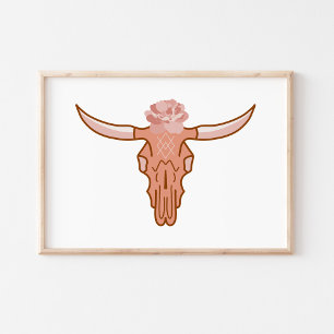 Modern Floral Boho Cow Skull Art Poster