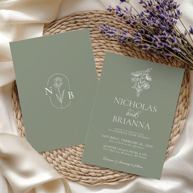 Modern Floral Boho Sage Green Wedding Minimalist Invitation (Creator Uploaded)