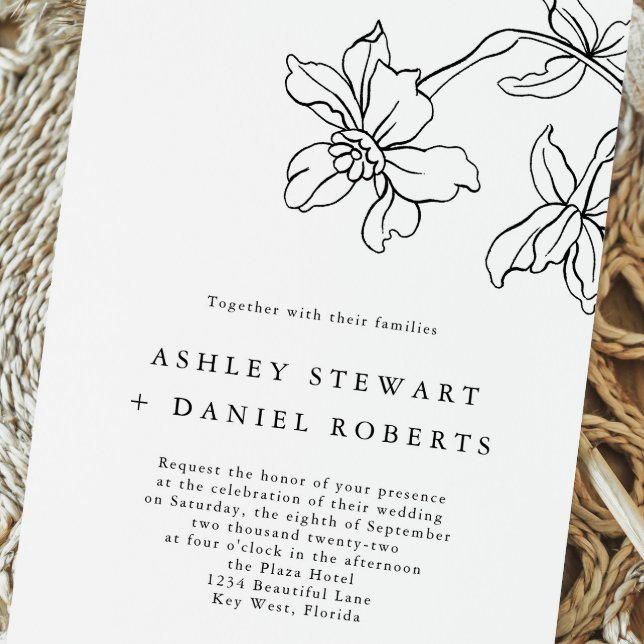 Modern Floral Botanical Black and White Wedding Invitation (Creator Uploaded)