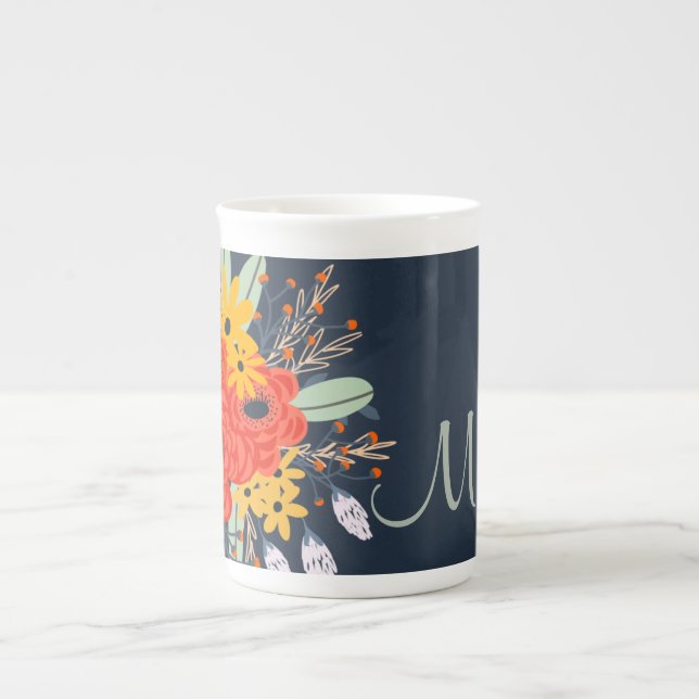 Modern Floral Bouquet Monogram Blue  Bone China Mug (Front)