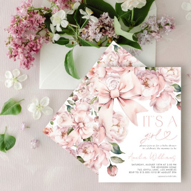 Modern Floral Bow Girl Baby Shower Invitation (Creator Uploaded)
