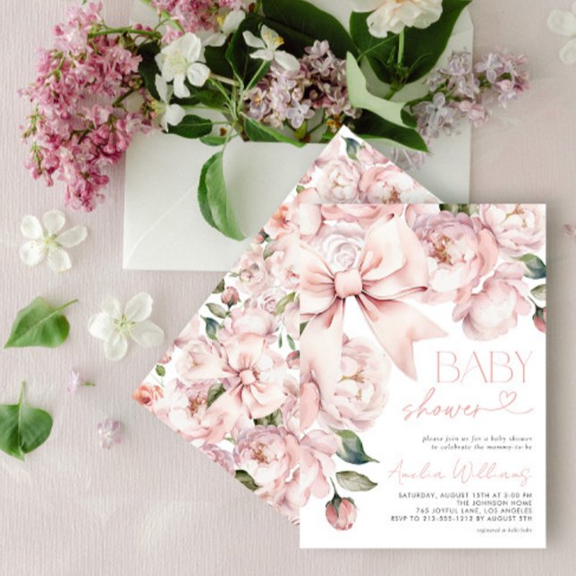 Modern Floral Bow Girl Baby Shower Invitation (Creator Uploaded)