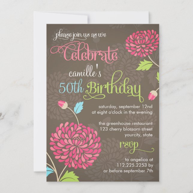 Modern Floral Brown & Pink Fancy Birthday Party Invitation (Front)