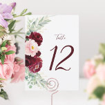 Modern Floral Burgundy Blush Wedding Table Number<br><div class="desc">This modern stylish burgundy and blush watercolor floral wedding table number card is a larger size (5x7), and has a unique design, with the number offset to the right, framed by the bouquet on the left. Find matching products in the collection, or message me through Zazzle Chat for more products...</div>