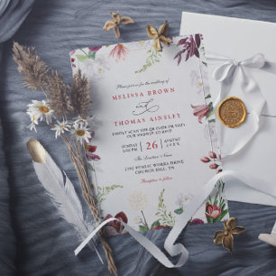 Modern Floral Burgundy Elegant QR Code Wedding Invitation