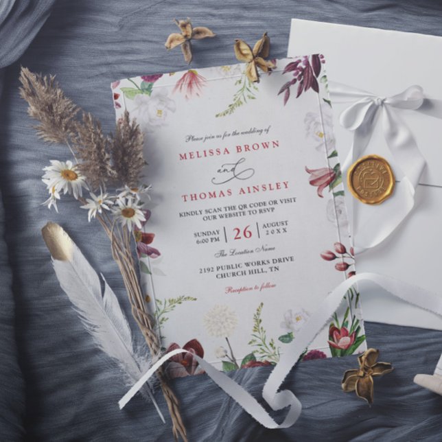 Modern Floral Burgundy Elegant QR Code Wedding Invitation (Creator Uploaded)