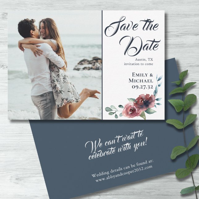 Modern Floral Burgundy Navy Blush Save the Date (Creator Uploaded)