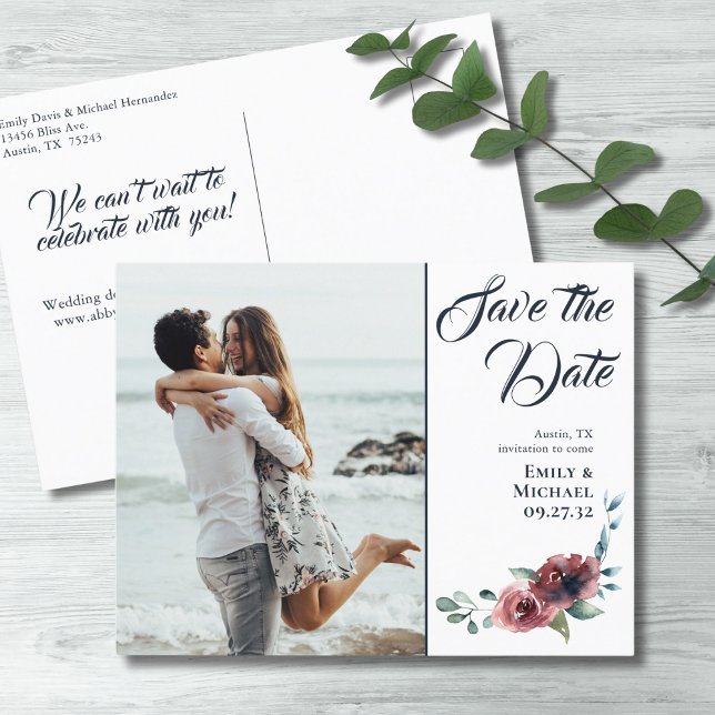 Modern Floral Burgundy Navy Blush Save the Date Announcement Postcard (Creator Uploaded)