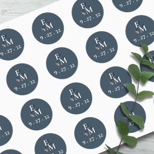 Modern Floral Burgundy Navy Peach Blush Initials Classic Round Sticker