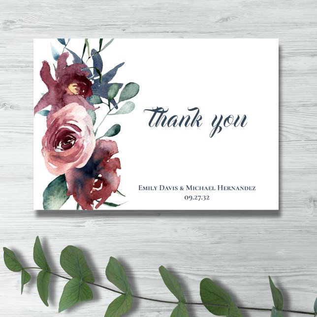 Modern Floral Burgundy Navy Peach Blush Thank You Card (Creator Uploaded)