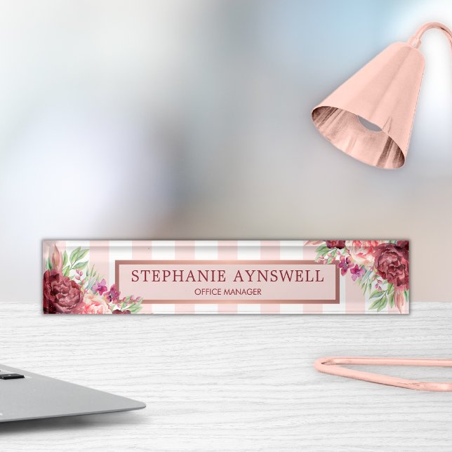 Modern Floral Burgundy Pink Stripes Watercolor Nameplate (Creator Uploaded)