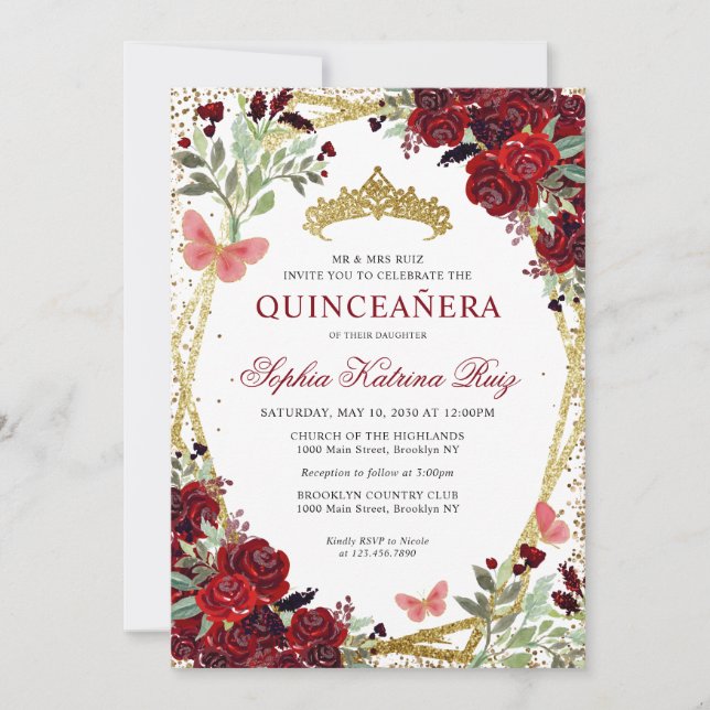 Modern Floral Burgundy Red Gold Tiara Quinceañera Invitation (Front)