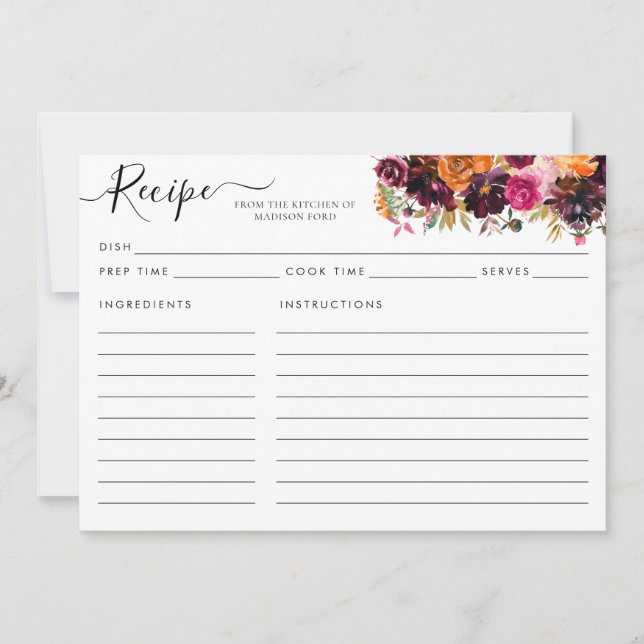 Modern Floral Burgundy Terracotta Pink Recipe Card (Front)
