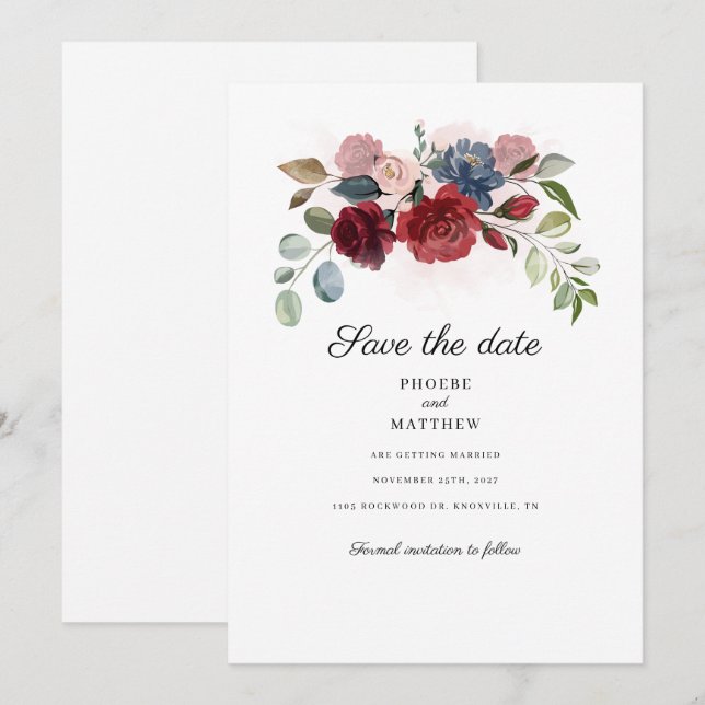 Modern Floral Burgundy Wedding Save The Date (Front/Back)