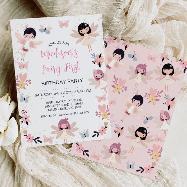 Modern Floral Butterfly Fairy First Birthday Invitation (Modern fairy themed first birthday invitation featuring some cute fairies, flowers and butterflies.)