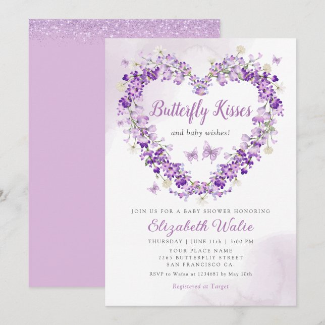 Modern Floral Butterfly Kisses Girl Baby Shower Invitation (Front/Back)