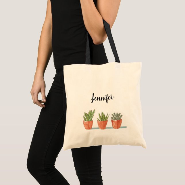 Modern floral cactus plants personalised tote bag (Front (Product))