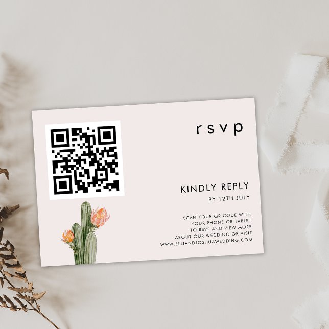 Modern Floral Cactus Wedding QR CODE RSVP Card (Modern Cactus Wedding RSVP with QR Code Card, Cactus QR Code Wedding RSVP card, Flowering Cactus )