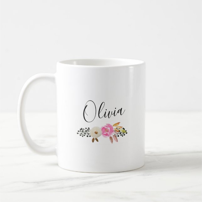 Modern Floral Calligraphy Name Coffee Mug (Left)