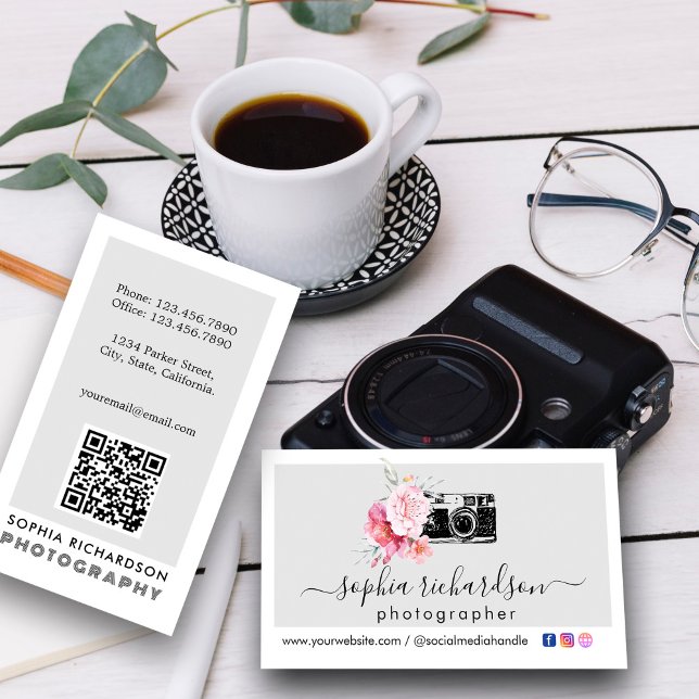 Modern Floral Camera QR Code Photographer  Business Card (Modern Floral Camera QR Code Photographer Business Card #zazzlemade #photographer #pinkandgray #chic)