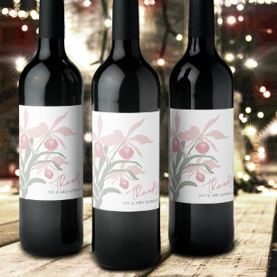 Modern floral Cattleya orchid dusty pink wedding Wine Label